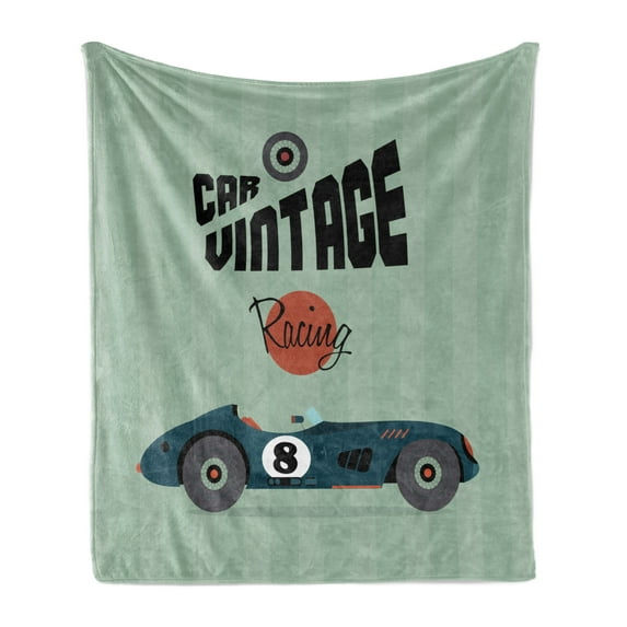 Cars Soft Flannel Fleece Throw Blanket, Classical Vintage Car Poster Racing Sports Competition Theme, Cozy Plush for Indoor and Outdoor Use, 50" x 70", Reseda Green Petrol Blue, by Ambesonne