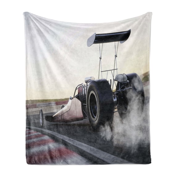 Cars Soft Flannel Fleece Throw Blanket, Dragster Racing down the Track Burnout Competition Speed Sports Technology, Cozy Plush for Indoor and Outdoor Use, 70" x 90", Grey Black White, by Ambesonne