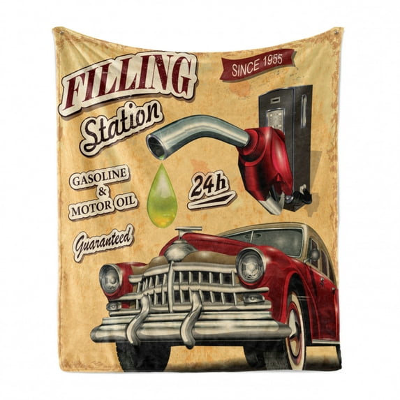 Cars Soft Flannel Fleece Throw Blanket, Filling Station Gasoline and Oil Drawing with a Realistic Car Design Art Print, Cozy Plush for Indoor and Outdoor Use, 60" x 80", Sand Brown Red, by Ambesonne