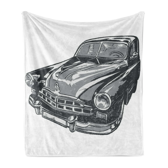Cars Soft Flannel Fleece Throw Blanket, Hand Drawn Vintage Vehicle with Detailed Front Part Hood Lamps Rear View Mirror, Cozy Plush for Indoor and Outdoor Use, 60" x 80", Grey Blue Grey, by Ambesonne