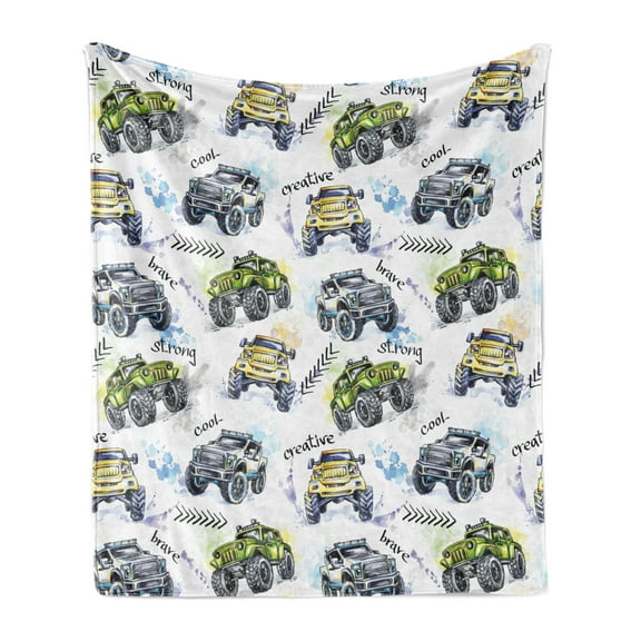 Cars Soft Flannel Fleece Throw Blanket, Hand Drawn Watercolored Monster Trucks Enormous Wheels Off Road Lifestyle, Cozy Plush for Indoor and Outdoor Use, 50" x 60", Yellow Lavender Blue, by Ambesonne