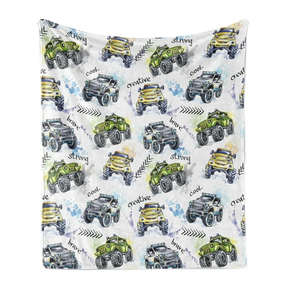 Cars Soft Flannel Fleece Throw Blanket, Hand Drawn Watercolored Monster Trucks Enormous Wheels Off Road Lifestyle, Cozy Plush for Indoor and Outdoor Use, 70" x 90", Yellow Lavender Blue, by Ambesonne