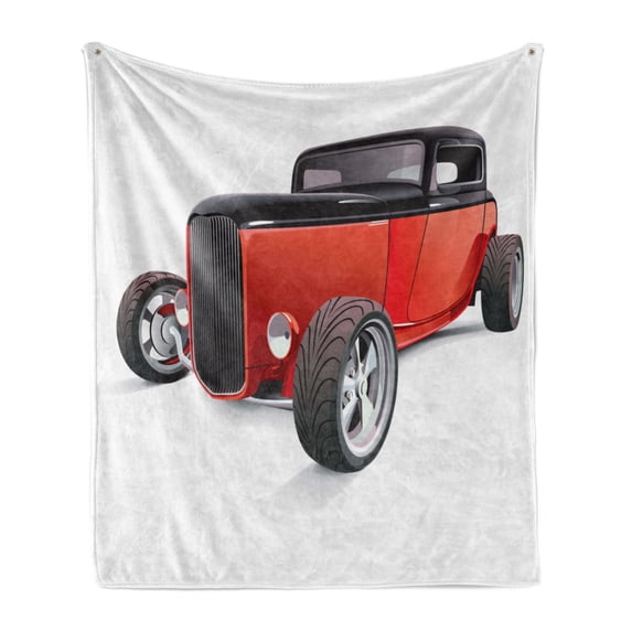 Cars Soft Flannel Fleece Throw Blanket, Nostalgia Red Hot Rod American Culture Retro Revival Classics Collector's Car, Cozy Plush for Indoor and Outdoor Use, 50" x 70", Red Black White, by Ambesonne