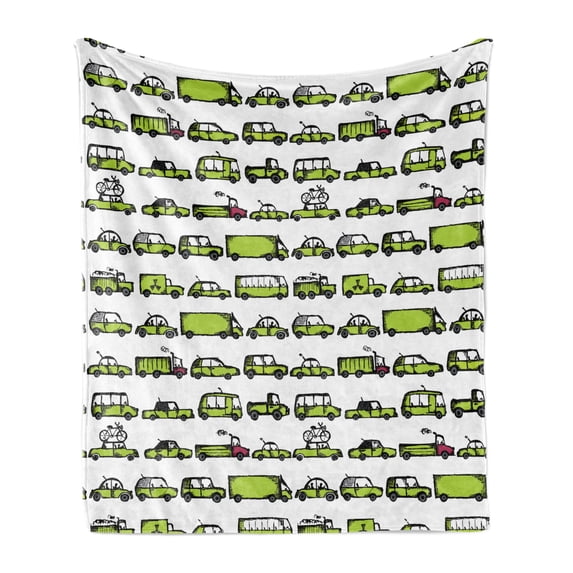 Cars Soft Flannel Fleece Throw Blanket, Number of Cars with Various Jobs Trucks Sedans Buses Traveling Journey Working, Cozy Plush for Indoor and Outdoor Use, 50" x 60", Apple Green, by Ambesonne