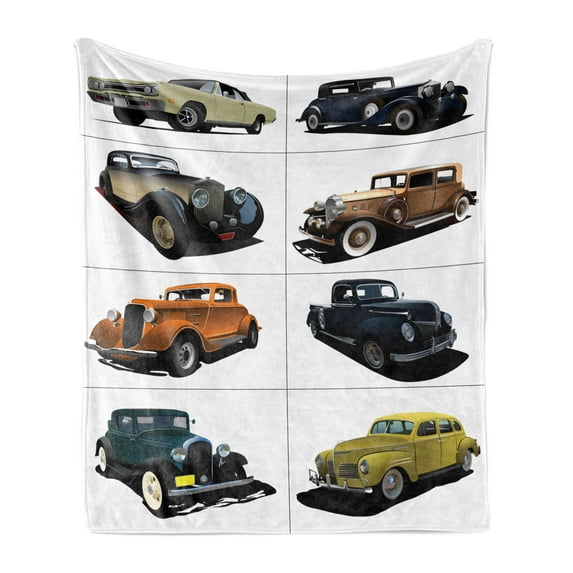 Cars Soft Flannel Fleece Throw Blanket, Rare Fifties Vintage Vehicle Closed Roof Tops Original Timeless Automobile Graphic, Cozy Plush for Indoor and Outdoor Use, 50" x 70", Multicolor, by Ambesonne