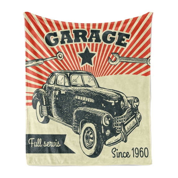 Cars Soft Flannel Fleece Throw Blanket, Retro Car and Garage Advertising Poster Style Picture with Grunge Effects 1960s, Cozy Plush for Indoor and Outdoor Use, 50" x 70", Emerald Orange, by Ambesonne