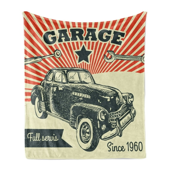 Cars Soft Flannel Fleece Throw Blanket, Retro Car and Garage Advertising Poster Style Picture with Grunge Effects 1960s, Cozy Plush for Indoor and Outdoor Use, 60" x 80", Emerald Orange, by Ambesonne