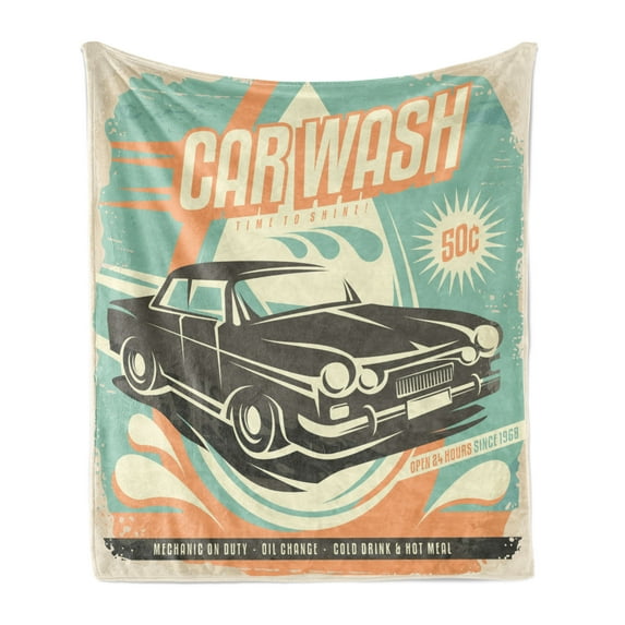 Cars Soft Flannel Fleece Throw Blanket, Retro Car Wash Poster Mechanic Repair Cleaning Grunge Advertising, Cozy Plush for Indoor and Outdoor Use, 50" x 60", Pale Orange Turquoise, by Ambesonne