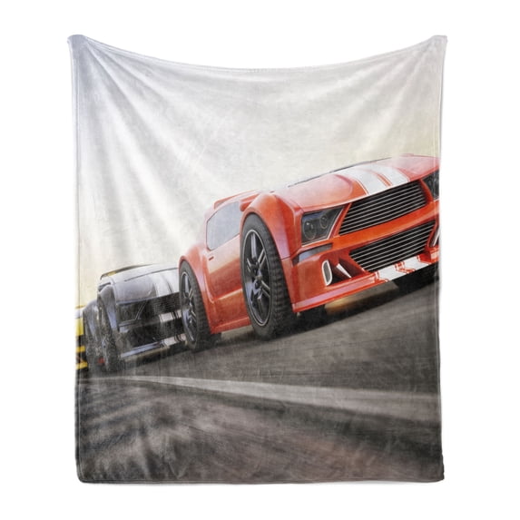 Cars Soft Flannel Fleece Throw Blanket, Sports Car Competing on Highway Chasing Another Team Champion Win Fast Life Image, Cozy Plush for Indoor and Outdoor Use, 50" x 60", Red Grey, by Ambesonne