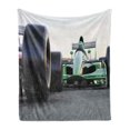 thumbnail image 1 of Cars Soft Flannel Fleece Throw Blanket, Sports Theme Indy Vehicles on an Asphalt Road Motion Blur Formula Race Print, Cozy Plush for Indoor and Outdoor Use, 50" x 60", Grey Black Green, by Ambesonne, 1 of 6