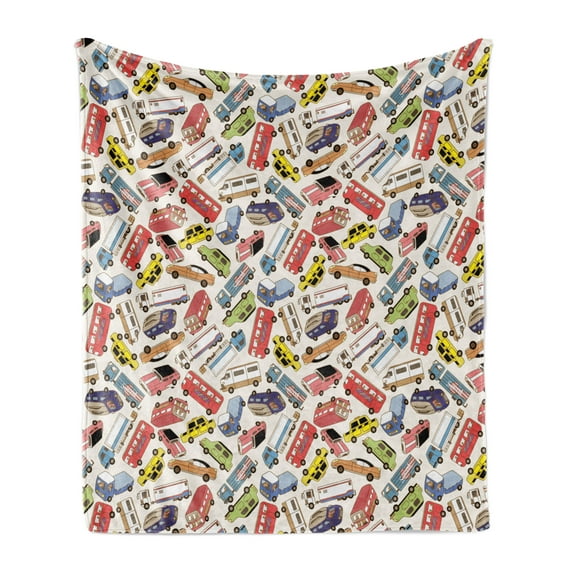 Cars Soft Flannel Fleece Throw Blanket, Transport and Logistics Theme with Lorry Cargo Truck Muscle Car and Taxi Boy Toys, Cozy Plush for Indoor and Outdoor Use, 70" x 90", Multicolor, by Ambesonne