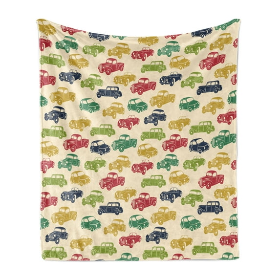 Cars Soft Flannel Fleece Throw Blanket, Various Vehicles with Curved Edges Vintage Car Designs from Fifties, Cozy Plush for Indoor and Outdoor Use, 60" x 80", Dark Blue Red Fern Green, by Ambesonne