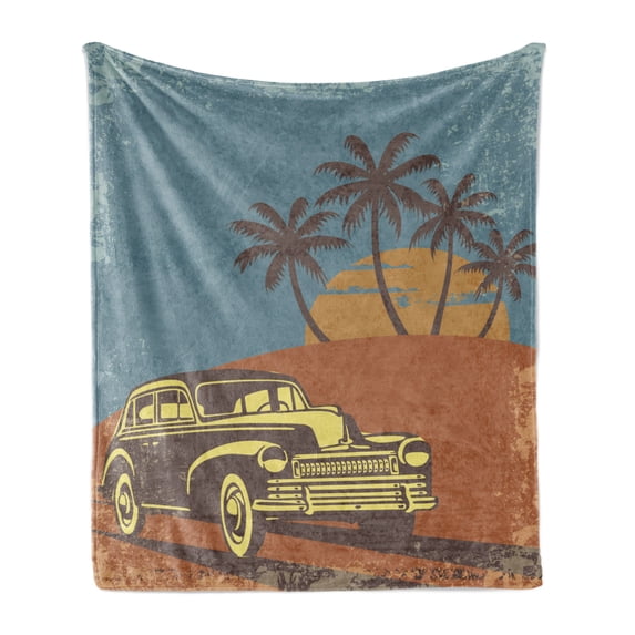 Cars Soft Flannel Fleece Throw Blanket, Vintage Car on the Beach with Palm Trees at Sunset Grunge Display, Cozy Plush for Indoor and Outdoor Use, 50" x 60", Pale Yellow Dark Orange, by Ambesonne
