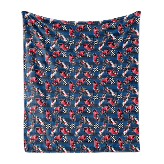 Cars Soft Flannel Fleece Throw Blanket, Vintage Racing Cars on Blue Stripes with Checkered Flags Automobile Sports, Cozy Plush for Indoor and Outdoor Use, 50" x 70", Navy Blue Red Black, by Ambesonne