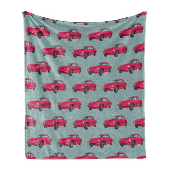 Cars Soft Flannel Fleece Throw Blanket, Vintage Red Vehicles Retro Sports Cars from Sixties Fifties Driving Speeding, Cozy Plush for Indoor and Outdoor Use, 60" x 80", Pink Slate Blue, by Ambesonne
