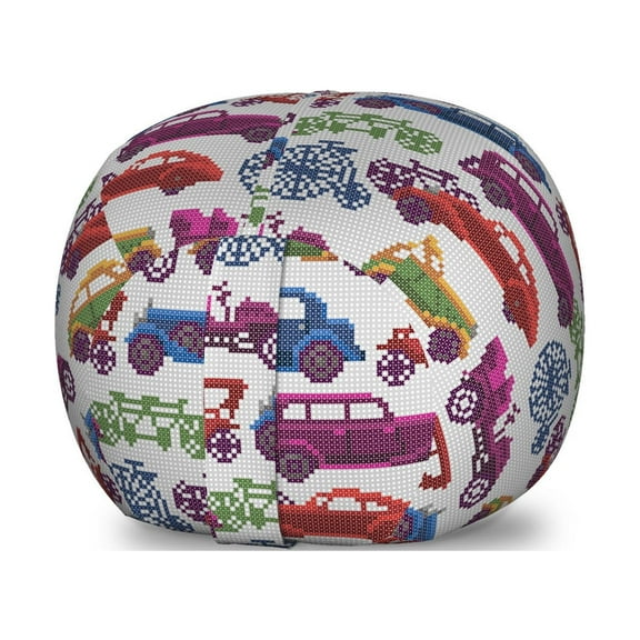 Cars Storage Toy Bag Chair, Rhythmic Colorful Classical Automobiles Stitched Look Cheerful Pattern, Stuffed Animal Organizer Washable Bag, Small Size, Pale Grey and Multicolor, by Ambesonne