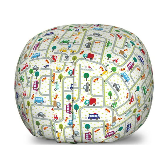 Cars Storage Toy Bag Chair, Vibrant Drawing Cars Driving on the Roads Traffic Urban Themed Design, Stuffed Animal Organizer Washable Bag, Small Size, Multicolor, by Ambesonne
