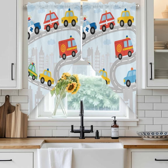 Cars Swag Curtain Valance for Windows, Cartoon Cars Road City Silhouette Clouds Blue Texture Window Treatments Short Swag Topper for Kitchen Windows Bathroom Bedroom, 28"x36"