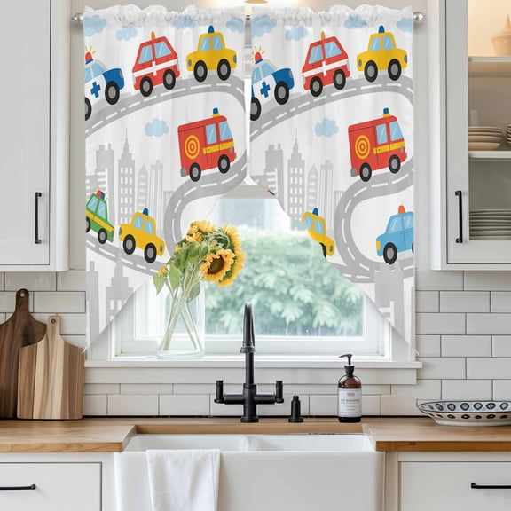 Cars Swag Curtain Valance for Windows, Cartoon Cars Road City Silhouette Clouds Window Treatments Short Swag Topper for Kitchen Windows Bathroom Bedroom, 28"x36"