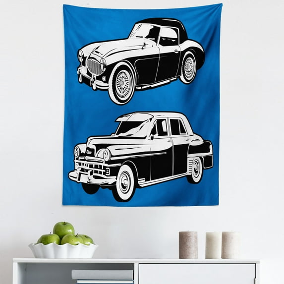 Cars Tapestry, Black and White Vintage Cars on Navy Blue Backdrop Classic Old Vehicles, Fabric Wall Hanging Decor for Bedroom Living Room Dorm, 5 Sizes, Navy Blue Black White, by Ambesonne