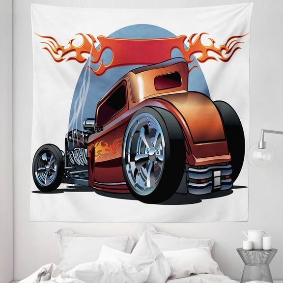 Cars Tapestry, Cartoon Hot Rod Antique Customized Classical American Engine Nostalgia Revival, Fabric Wall Hanging Decor for Bedroom Living Room Dorm, 5 Sizes, Orange Blue Black, by Ambesonne