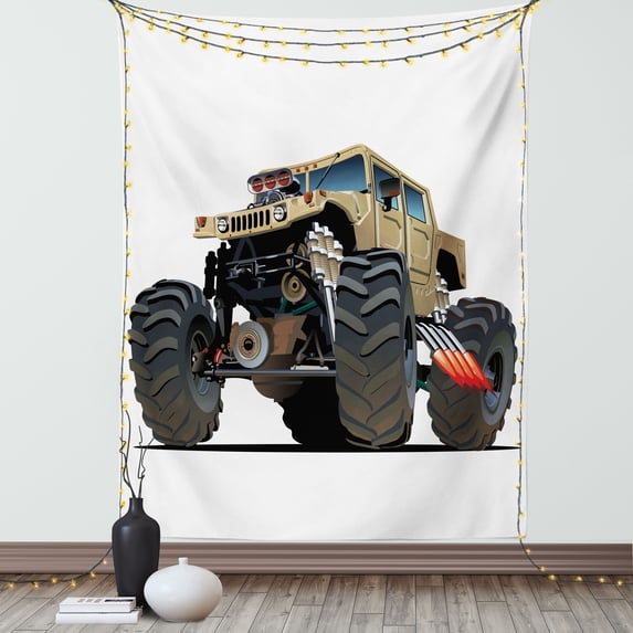 Cars Tapestry, Extremely Large Giant Monster Pickup Truck with Huge with Oversized Tires Race Illustration, Wall Hanging for Bedroom Living Room Dorm Decor, 60W X 80L Inches, Multi, by Ambesonne