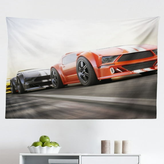 Cars Tapestry, Generic Formula Racing Car Illustration with Special Effect Turbo Motion Auto Print, Fabric Wall Hanging Decor for Bedroom Living Room Dorm, 2 Sizes, Black and Red, by Ambesonne