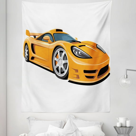 Cars Tapestry, Orange Sports Car Fast Racing Roadster Modern Automotive Technology, Fabric Wall Hanging Decor for Bedroom Living Room Dorm, 5 Sizes, Pale Orange Black Grey, by Ambesonne