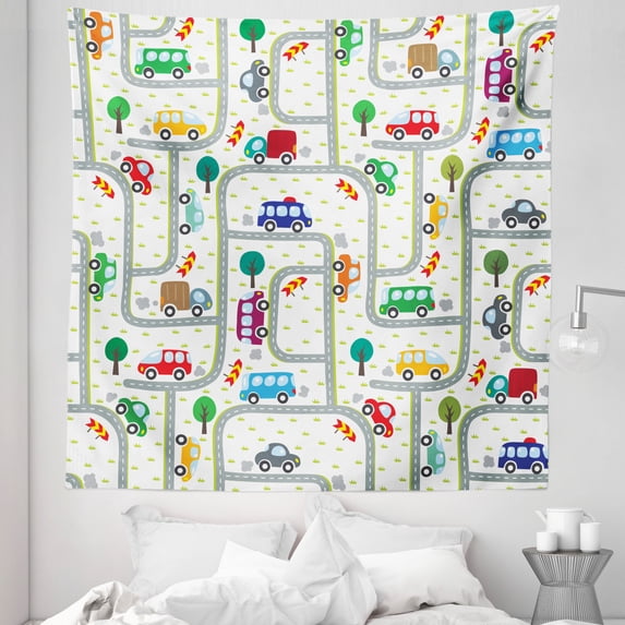 Cars Tapestry, Vibrant Drawing Cars Driving on the Roads Traffic Urban Themed Design, Fabric Wall Hanging Decor for Bedroom Living Room Dorm, 5 Sizes, Multicolor, by Ambesonne