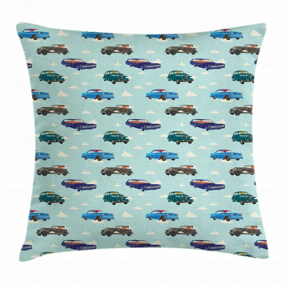 Cars Throw Pillow Cushion Cover, Absurd Design with Vintage Cars in the Air with Clouds Old Vehicles Pattern, Decorative Square Accent Pillow Case, 16 X 16 Inches, Pale Blue Teal Umber, by Ambesonne
