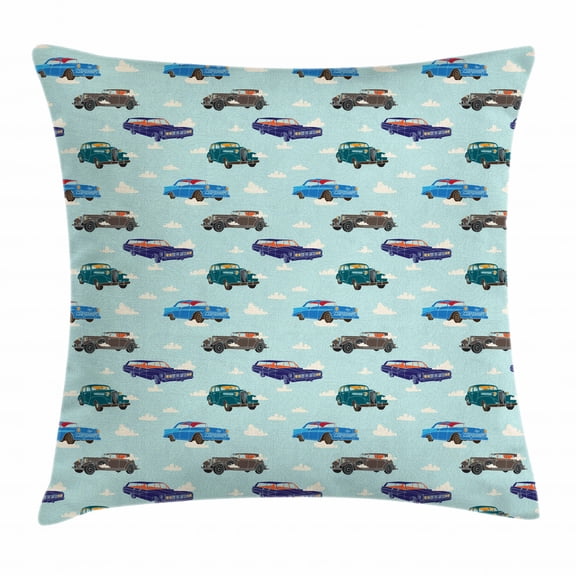 Cars Throw Pillow Cushion Cover, Absurd Design with Vintage Cars in the Air with Clouds Old Vehicles Pattern, Decorative Square Accent Pillow Case, 20 X 20 Inches, Pale Blue Teal Umber, by Ambesonne
