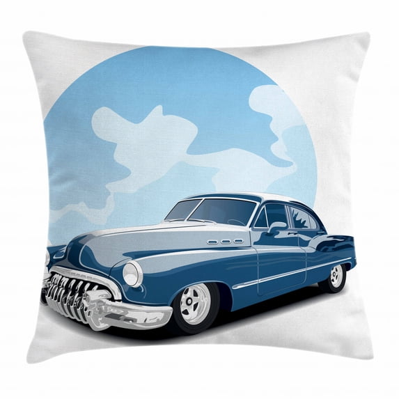 Cars Throw Pillow Cushion Cover, Old Timer Vintage Automobile Collector's Revival Nostalgia American Culture, Decorative Square Accent Pillow Case, 18 X 18 Inches, Blue Pale Blue Black, by Ambesonne