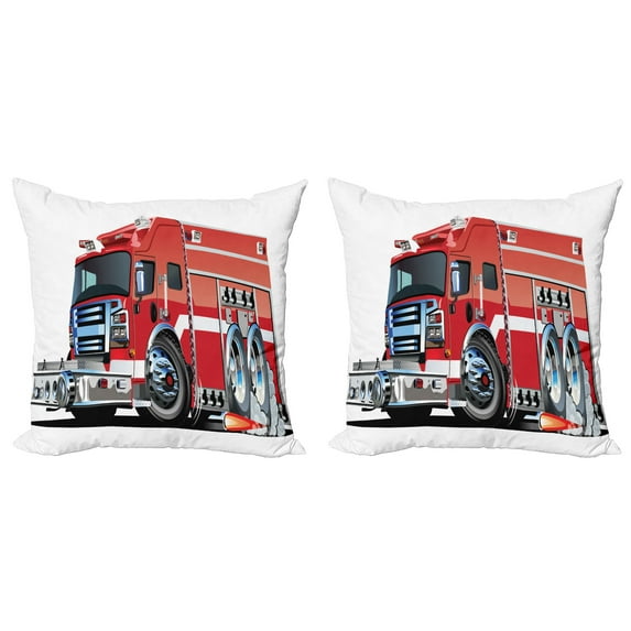 Ambesonne Cartoon Throw Pillow Cover 2 Pack, Truck Rescue Team Art, 16", Grey Red