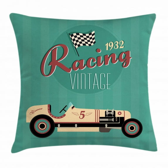 Cars Throw Pillow Cushion Cover, Poster Print of a Classic Vintage Automobile Nostalgia Rally Antique Machine, Decorative Square Accent Pillow Case, 24 X 24 Inches, Teal Ruby Cream, by Ambesonne