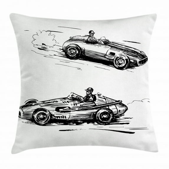 Cars Throw Pillow Cushion Cover, Vintage Racing Cars Hand Drawn Style Collection Nostalgic Automobile Sketch Artwork, Decorative Square Accent Pillow Case, 18 X 18 Inches, Black White, by Ambesonne