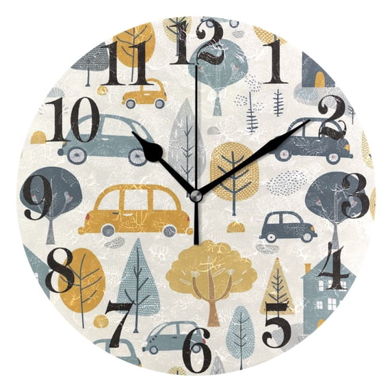 Cars Tree Building Round Wall Clock Battery Operated Silent Non-Ticking Bedroom Office Kitchen Home School Decor 10"(Black)