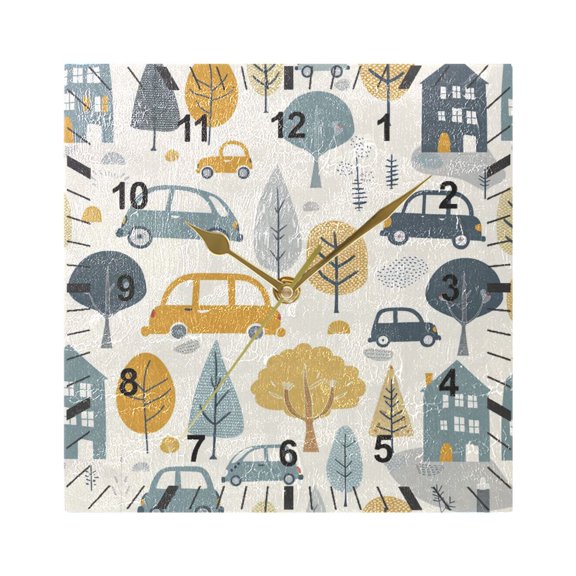 Cars Tree Building Wall Clock Battery Operated Silent Non-Ticking Bedroom Office Kitchen Home School Decor 7.8"(Gold)