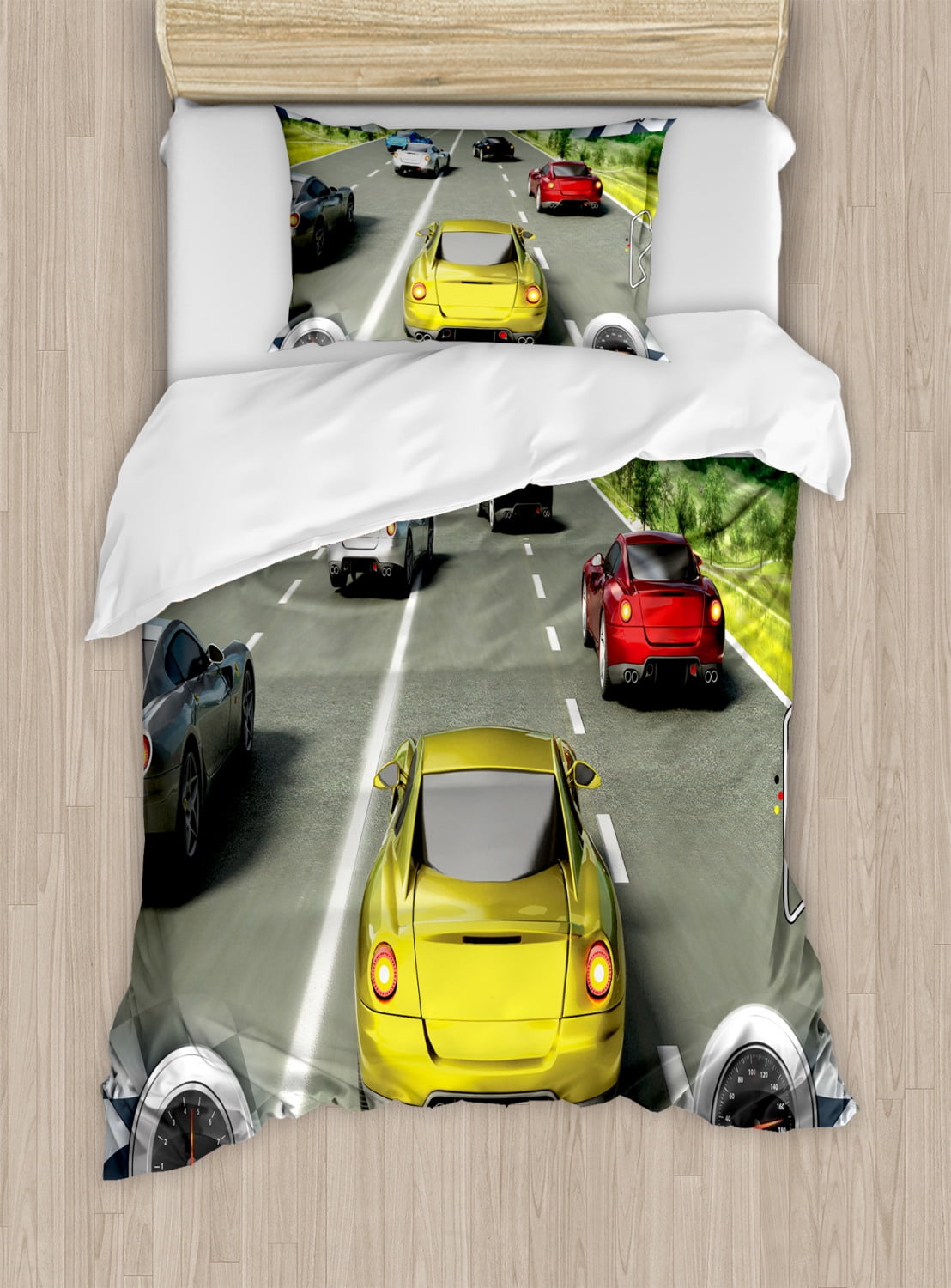 Twin Size Multicolor Car Racing Duvet Cover Set