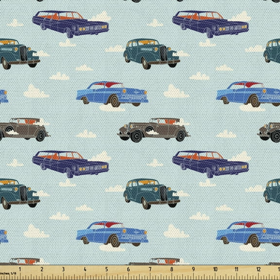 Cars Upholstery Fabric by the Yard, Absurd Design with Vintage Cars in the Air with Clouds Old Vehicles Pattern, Decorative Fabric for DIY and Home Accents, 1 Yard, Pale Blue Teal Umber by Ambesonne