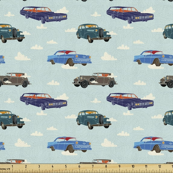 Cars Upholstery Fabric by the Yard, Absurd Design with Vintage Cars in the Air with Clouds Old Vehicles Pattern, Decorative Fabric for DIY and Home Accents, 1 Yard, Pale Blue Teal Umber by Ambesonne
