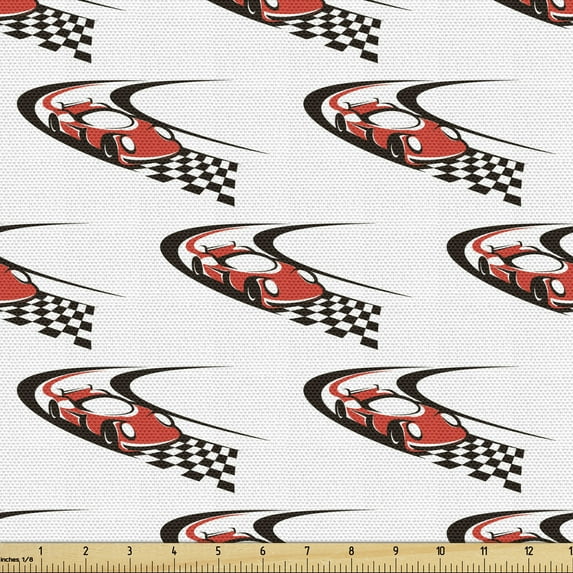 Ambesonne Cars Fabric by the Yard Upholstery, Formula Race Rally Win, 10 Yards, Scarlet Black White