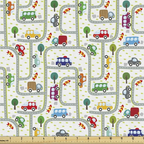 Ambesonne Cars Fabric by the Yard Upholstery, on Traffic, 2 Yards, Multicolor