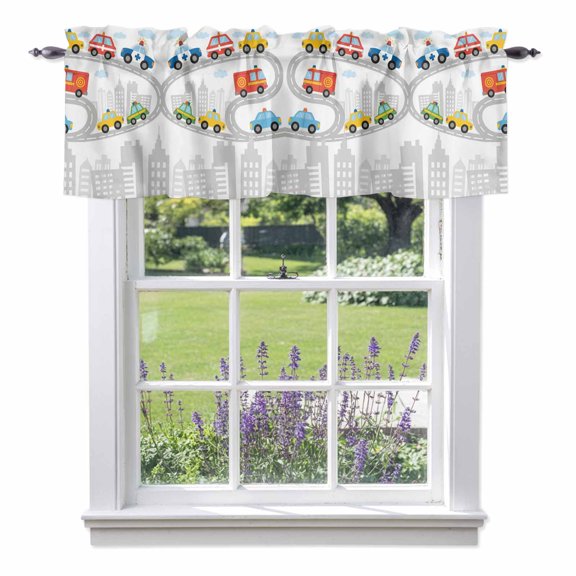 Cars Valances for Windows Cartoon Cars Road City Silhouette Clouds Rod Pocket Cafe Window Treatments Valance Curtains for Kitchen Bathroom Laundry Basement Windows 42"x12"