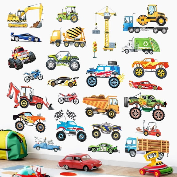 Cars Wall Decals Construction Transports Vehicles Racing Cars Wall Stickers Boys Room Kids Bedroom Toddles Playroom Wall Decor