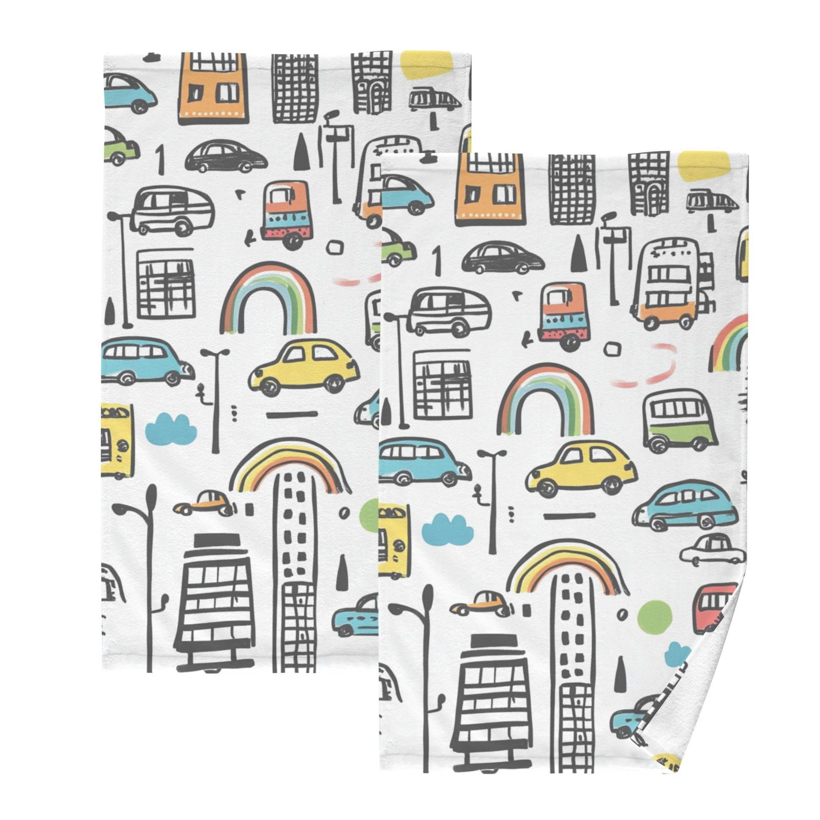 Cars and Rainbows Doodle Hand Towels Cotton Bath Towels Large Face Towels Absorbent for Bathroom 2 Packs