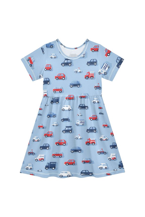 Cars and Trucks Short Sleeve Dress A-Line Cute Midi Casual Sundress 2-8 Years