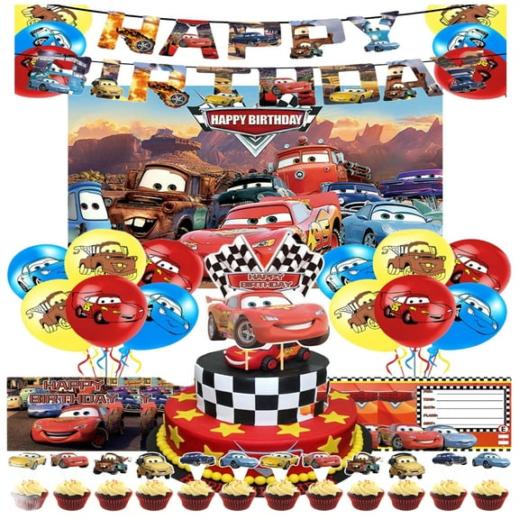 Cars birthday decorations, party supplies set including banners, balloons, cake toppers, car theme party