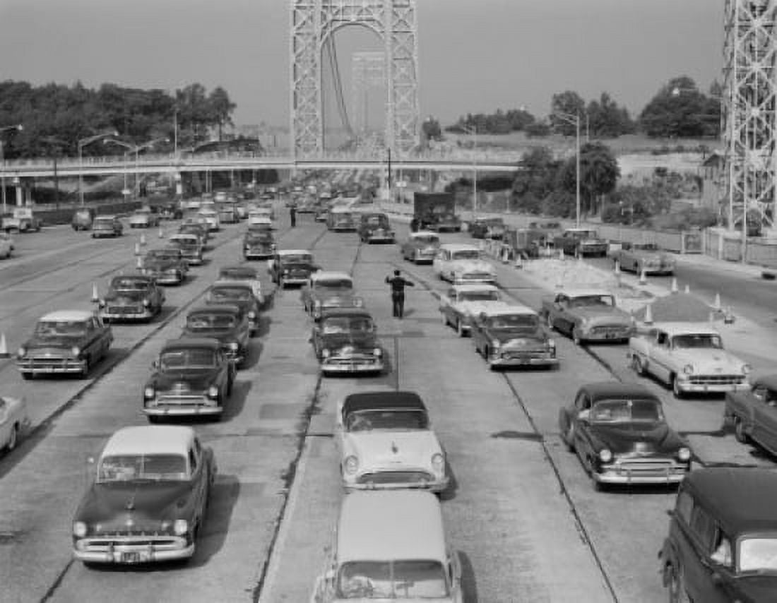 Cars on urban motorway with suspension bridge in background Canvas Art - (18 x 24)