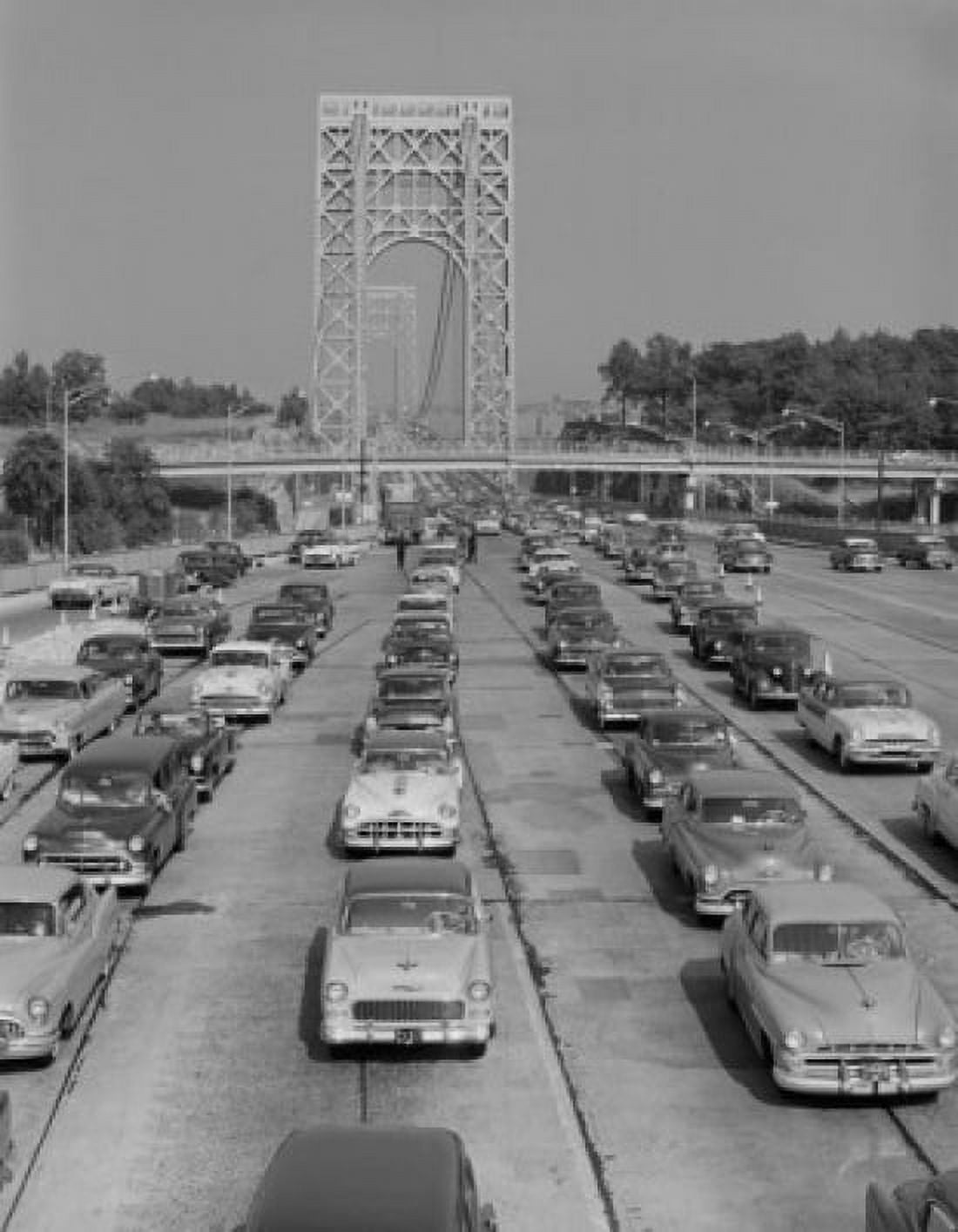 Cars on urban motorway with suspension bridge in background Canvas Art - (18 x 24)