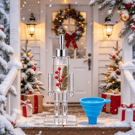 Carsablanco Nutcracker Soap Dispenser, Clear Acrylic Christmas Decorative Pump Bottle for Bathroom and Kitchen, 100ml Refillable with Candy Cane and Snowflake Accessories